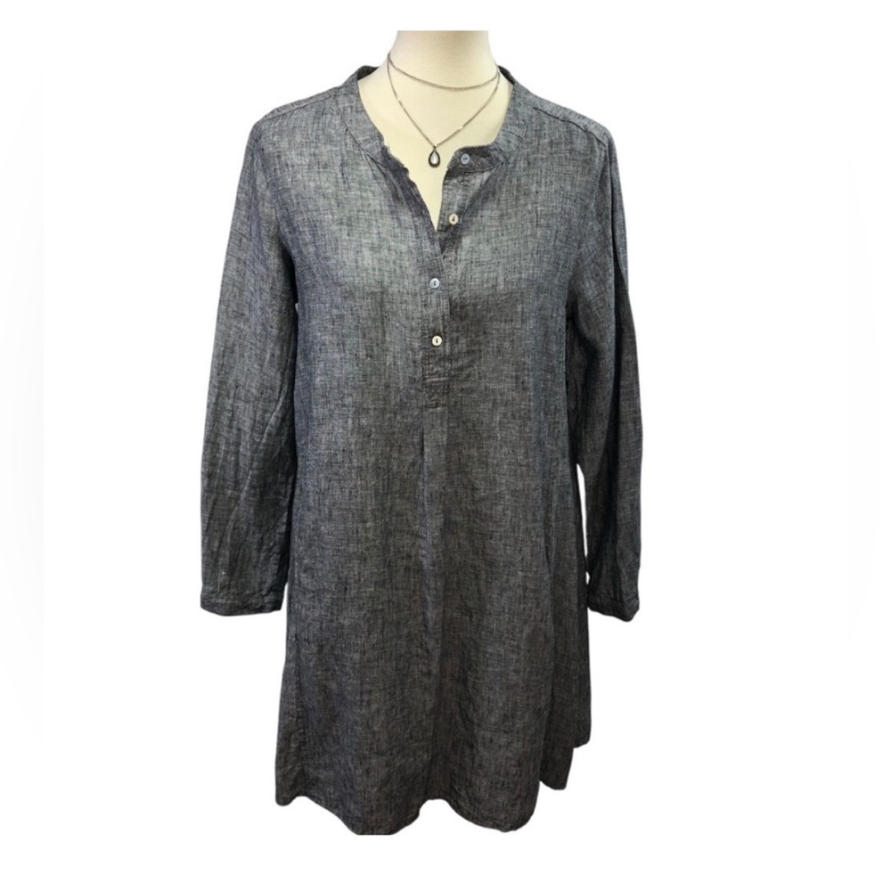 Tahari Linen Tunic Shirt Dress Sz L Grey Shift Minimalist Contemporary Classic